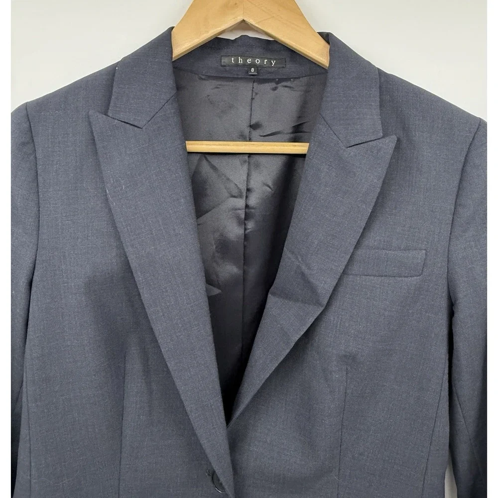 Theory Women's Staple Wool Blend Blazer Sky Blue SZ 8 Career Capsule Office EUC